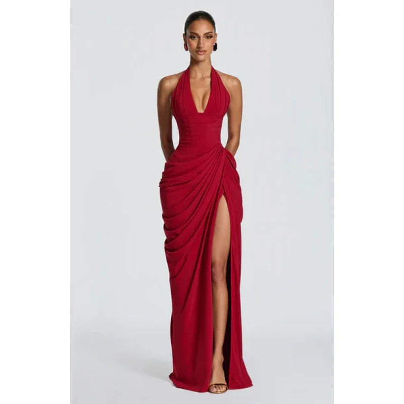 Vestido Maxi Plisado Sólido Sexy con Cuello Halter para Mujer, sin Mangas, sin Espalda, con Cintura Ajustada y Abertura, Vestidos de Fiesta de Verano 2026