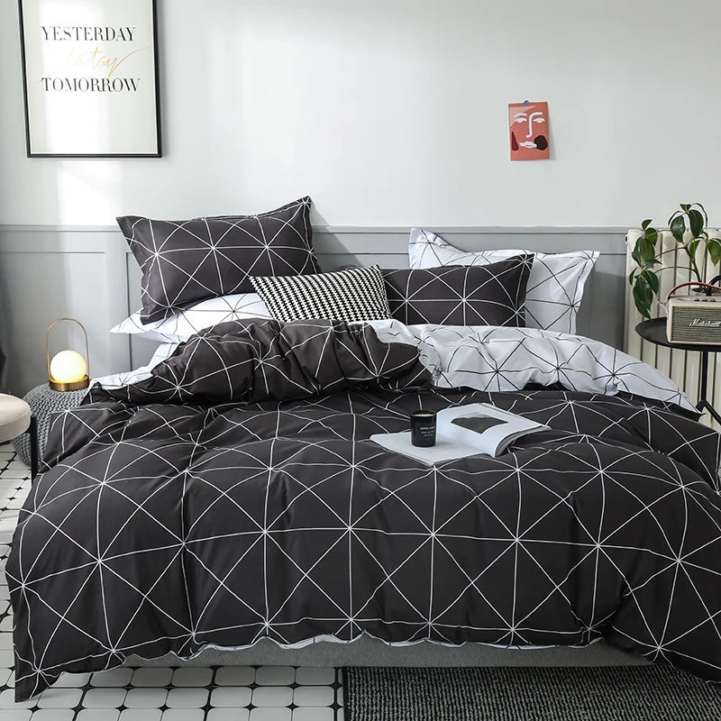 Funda de edredón Reversible, juego de cama de 3 piezas, funda de edredón geométrica en blanco y negro con 2 fundas de almohada, Queen y King