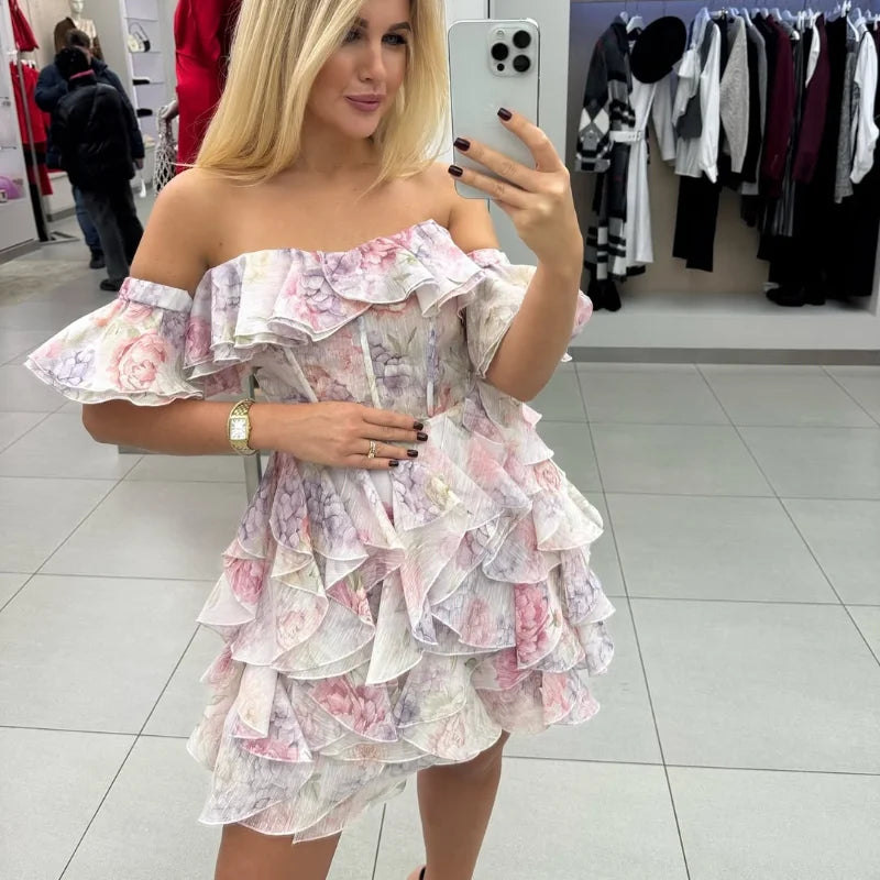 Vestido corto de gasa rosa dulce para mujer, moda con flores en 3D, manga abombada grande, cuello en V, cintura alta, línea A, Vestidos en capas, batas de señora nueva