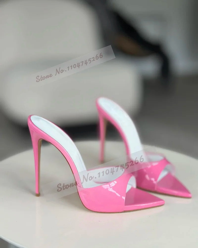 Cielo Azul Satén Tacón Alto Mules Rosa Borgoña Punta Puntiaguda Zapatillas Modernas Slip-On Vestido Elegante Sandalias Zapatos de Banquete Poco Profundos