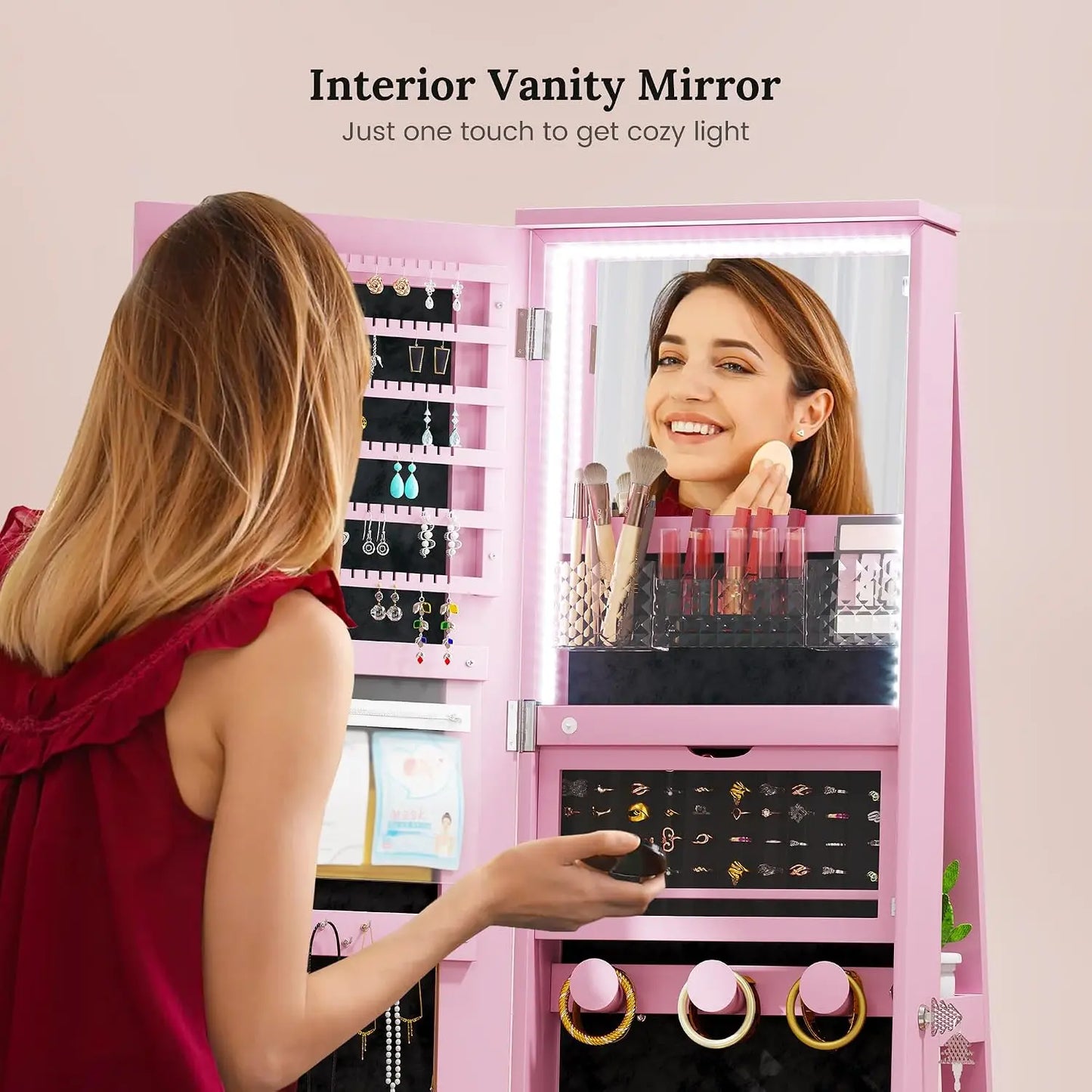 Espejo LED con Gabinete para Joyas, de Pie, 360° ° Armario Giratorio para Joyas con Espejo de Cuerpo Entero, Espejo con Almacenamiento para Joyas y Grande
