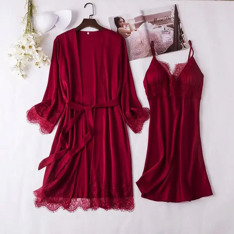 Conjunto de pijama de seda blanca para mujer, bata de boda de 5 piezas, camisón Sexy de encaje, ropa de dormir, Kimono, albornoz, lencería