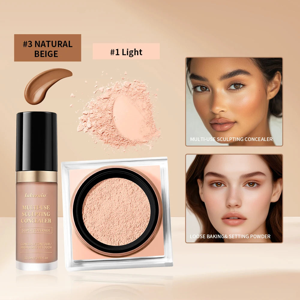 Juego de maquillaje facial de 2 piezas con corrector y polvo fijador suelto, acabado mate natural para el rostro, cosméticos para mujer, maquillaje coreano