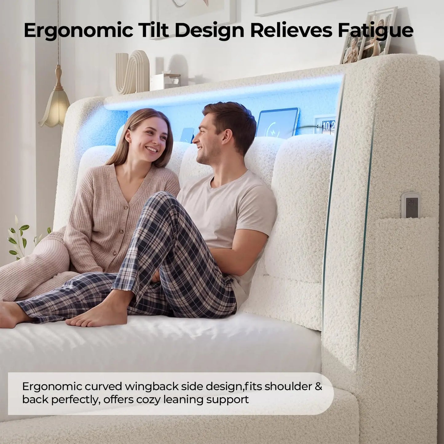 Base de Cama Nube Tamaño Completo, Acolchada con Espuma Engrosada, Color Blanco Crema |   Cabecera con Almacenamiento, Luces LED, Estación de Carga, Personalizable