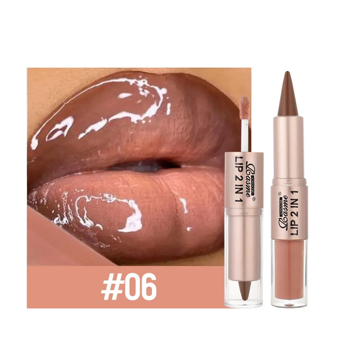 Lápiz delineador de labios degradado cónico 2 en 1, brillo de labios de cristal de espejo marrón desnudo, delineador de labios mate, maquillaje antiadherente para contorno de labios resistente al agua