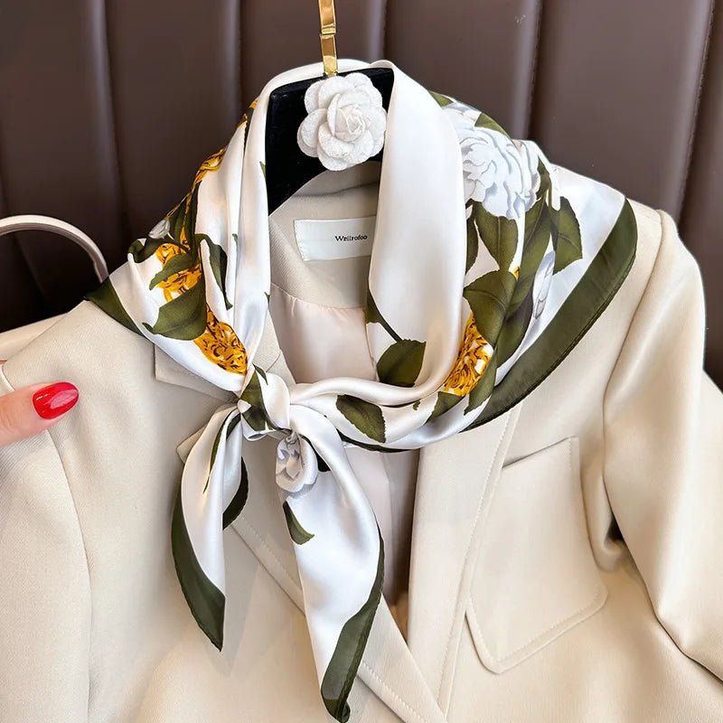 Bufanda cuadrada de seda a cuadros para mujer, banda de satén para el pelo, suave para el trabajo, Hijab, Foulard para la cabeza, 2021