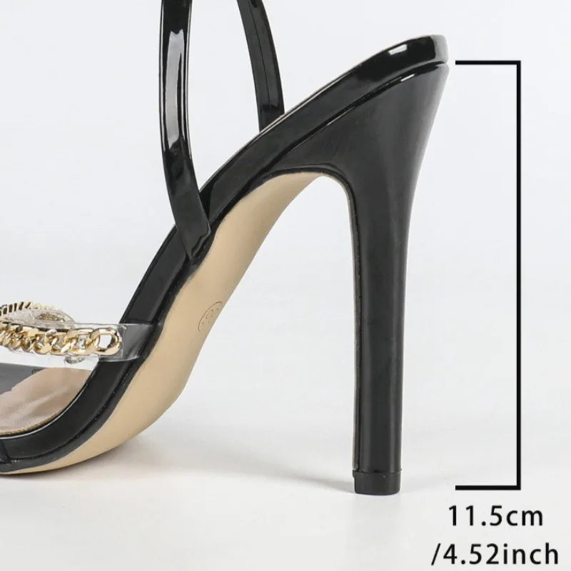 Sandalias de tacón alto para mujer, sandalias de tacón de aguja puntiagudas sexys, sandalias de moda con correa en el tobillo, sandalias con hebilla de una sola tira, sandalias de diseñador con cadena metálica