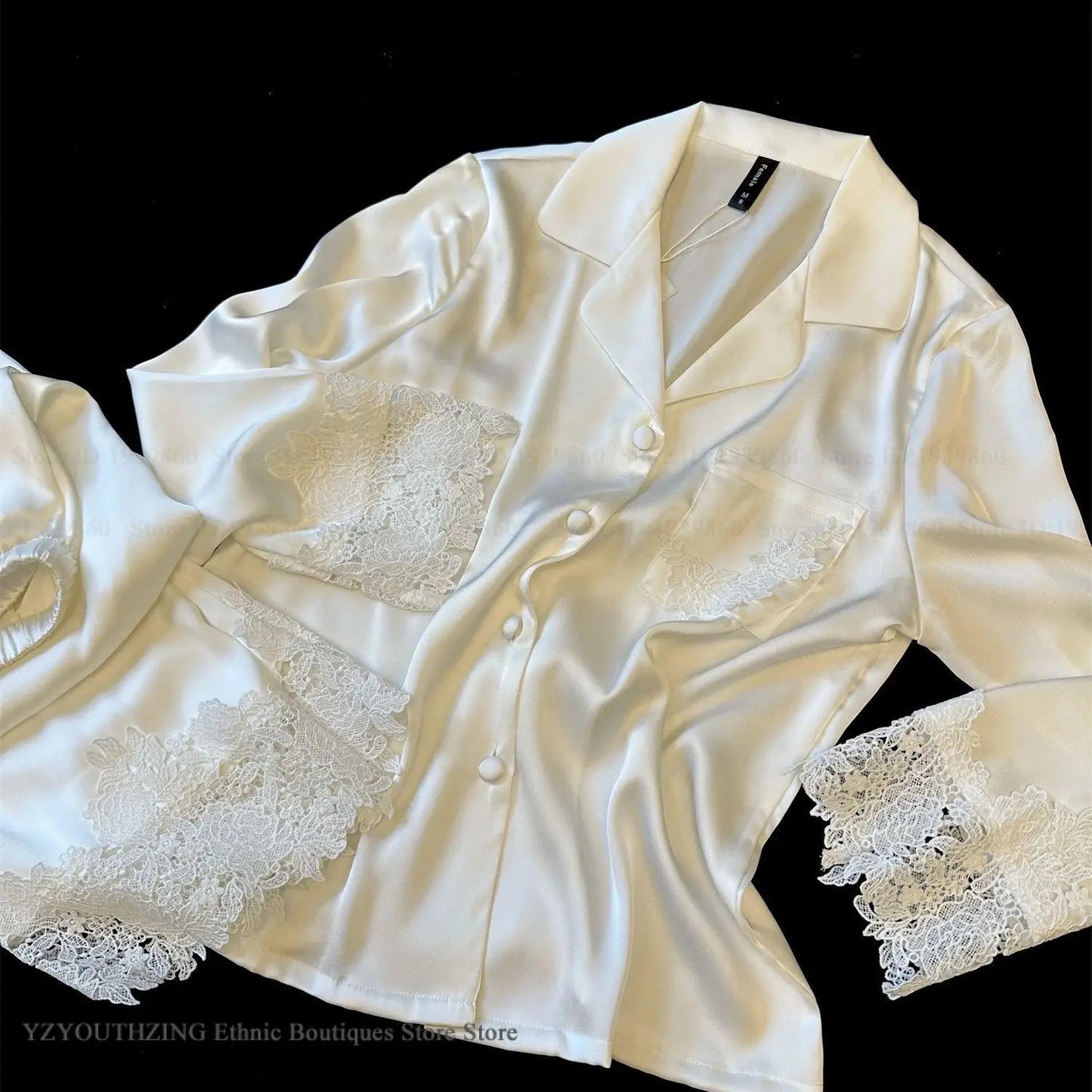 Conjunto de pijamas para mujer, ropa de dormir de satén blanco con encaje, ropa de dormir para novia y boda, regalo para el hogar, traje de pantalón holgado Sexy de manga larga, ropa de descanso