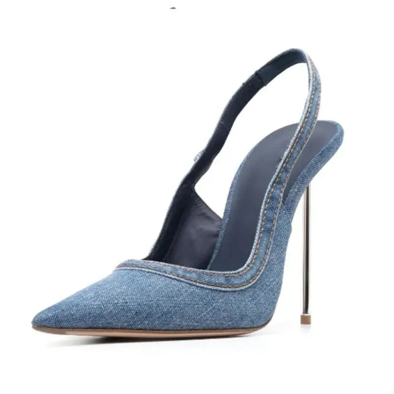 Zapatos de tacón alto de mezclilla para mujer, zapatos de tacón de Metal ajustados con correas en el tobillo, sandalias de tacón de Metal con punta puntiaguda para fiesta de banquete de talla grande