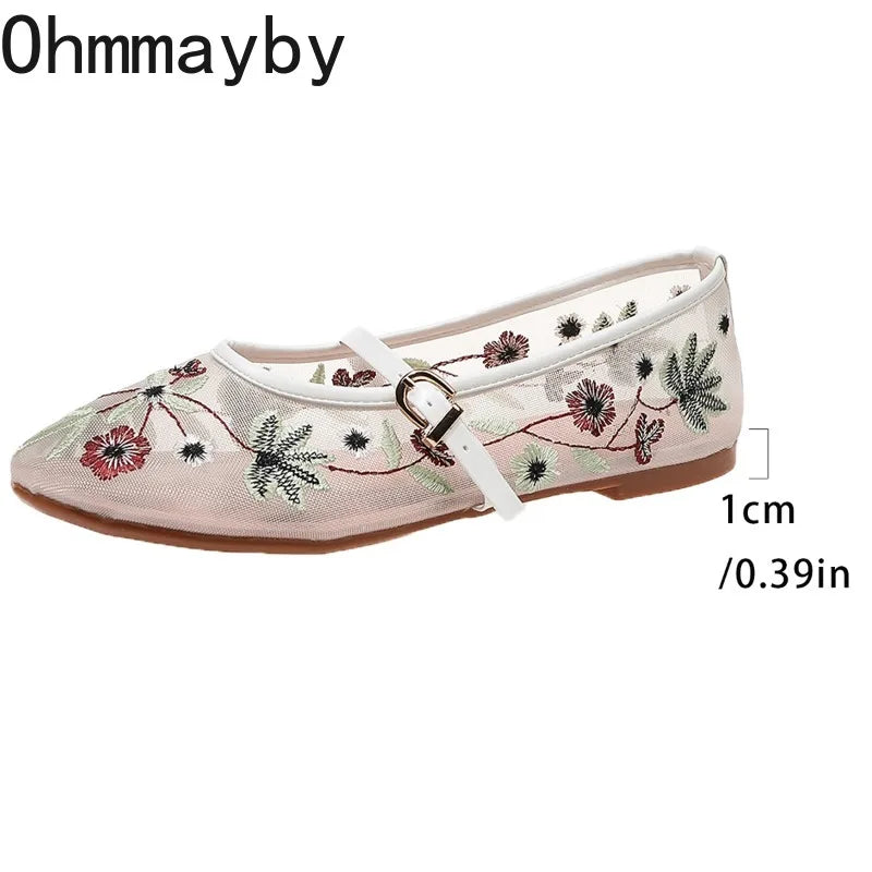 Zapatos Mary Jane de malla con bordado floral de primavera para mujer, zapatos con correa y hebilla concisa, zapatos de suela suave, zapatos planos de ballet transpirables para mujer