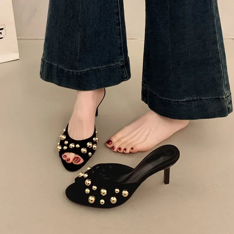 Novedad tacones finos Peep Toes Sandalias De Mujer cristal dedos cuadrados Slip On Mujer zapatillas sólido charol Zapatos Mujer 42