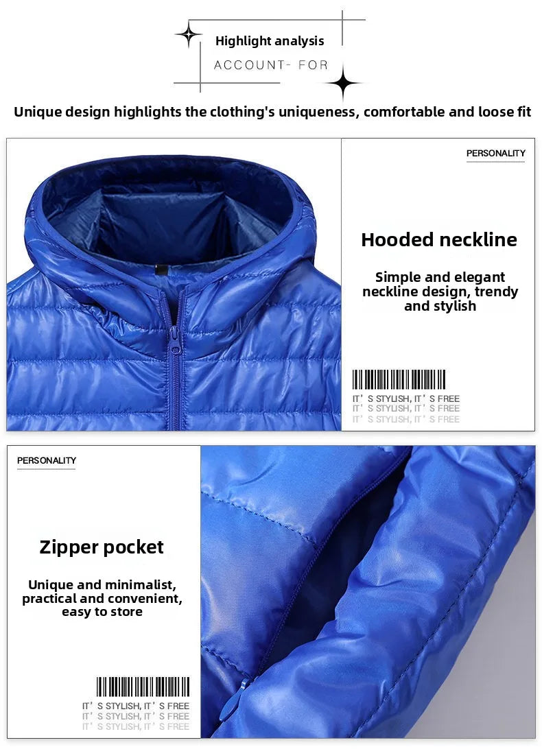 Chaqueta de plumón ligera para hombre, estilo nuevo de otoño-invierno, tipo abrigo acolchado, con cierre de cremallera y capucha, de fibra de poliéster.