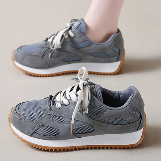 Zapatillas de deporte grises con cordones para Mujer, zapatos deportivos de malla transpirable, zapatos vulcanizados con plantilla suave antideslizante para Otoño e Invierno