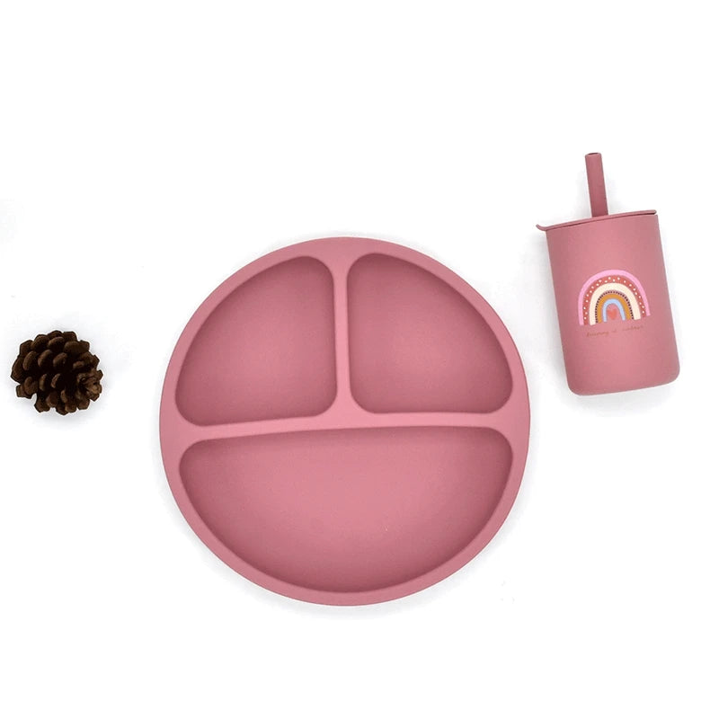 4 unids/set plato de comedor de silicona seguro para bebé, platos sólidos de dibujos animados para niños, juego de vajilla para bebé con cara sonriente, plato Retro para niños