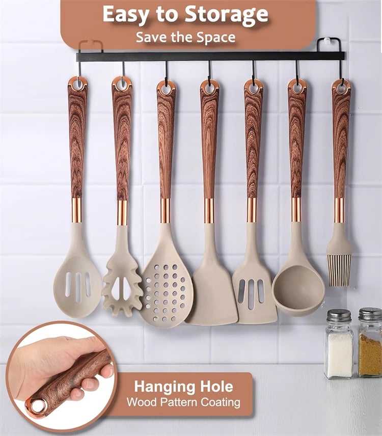 LMETJMA Juego de utensilios de cocina de silicona, 10 Uds., utensilio de cocina con soporte para utensilios, asas de patrón de madera, utensilios de cocina antiadherentes JT264