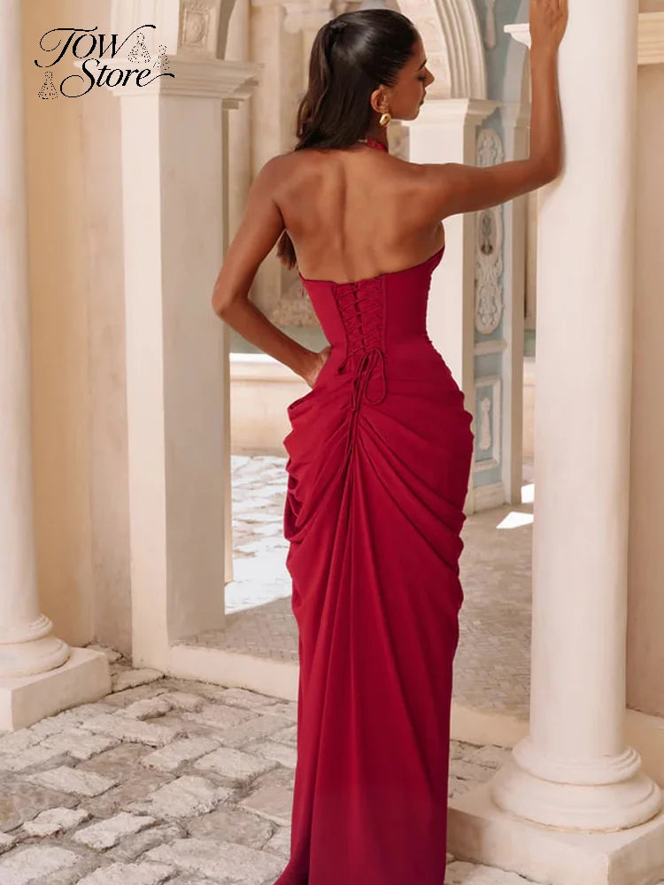 Vestido Maxi Plisado Sólido Sexy con Cuello Halter para Mujer, sin Mangas, sin Espalda, con Cintura Ajustada y Abertura, Vestidos de Fiesta de Verano 2026