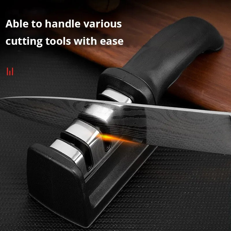Afilador de cuchillos de tres segmentos para cocina, herramienta de cocina de piedra para afilar de tres usos, multifuncional, color negro, 1 ud.