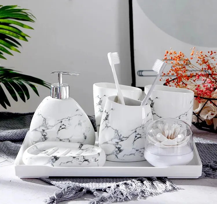 6 unids/set de cerámica de imitación de mármol, juego de accesorios de baño, dispensador de jabón/soporte para cepillo de dientes/vaso/productos jabonera