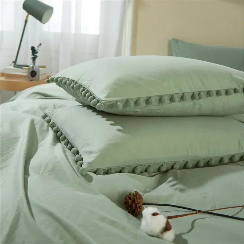 Funda de edredón suave y lavada, Juego de 3 piezas, funda de almohada, juego de ropa de cama para Twin, Full, Queen, King Size, decoración de pompones