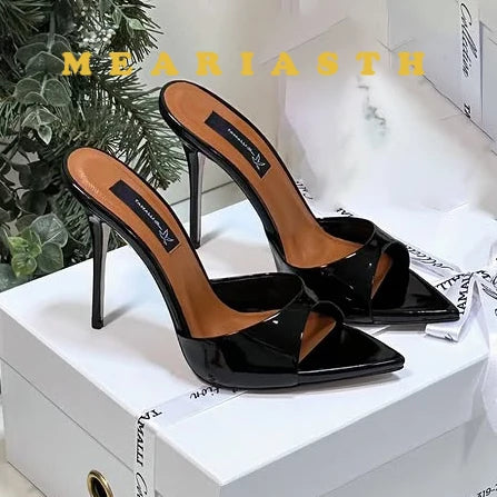 Zapatos de tacón alto con punta abierta para mujer, zapatillas exteriores de verano para fiesta, Stiletto, sandalias de charol de diseñador de lujo, 12/10cm