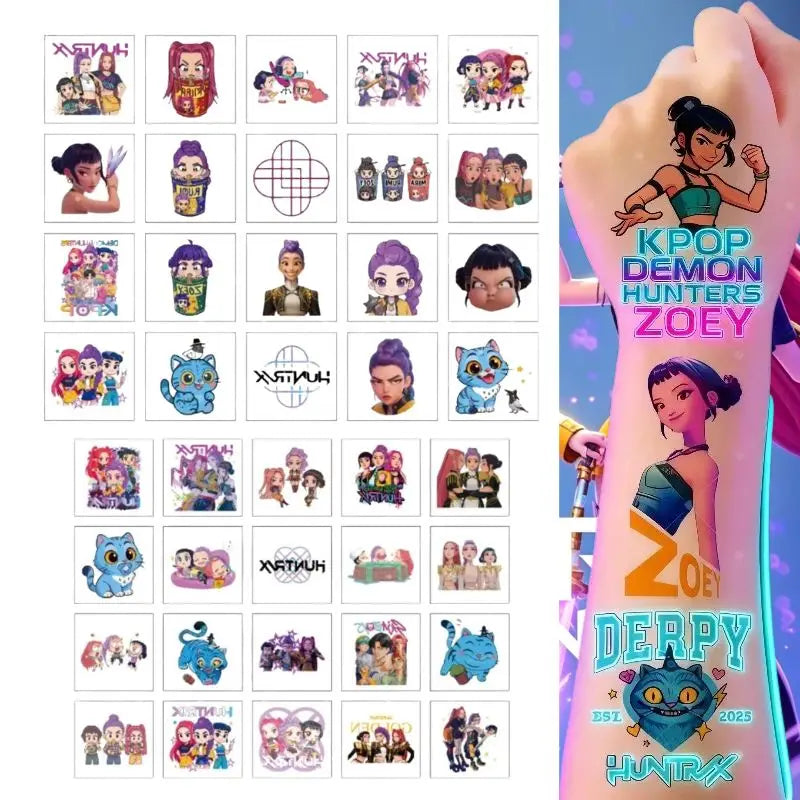 20 piezas/set de pegatinas de tatuajes temporales de dibujos animados Kpop Damon Hunters Rumi Kang, pegatinas de tatuajes de demonios Rumi para regalos de fiesta