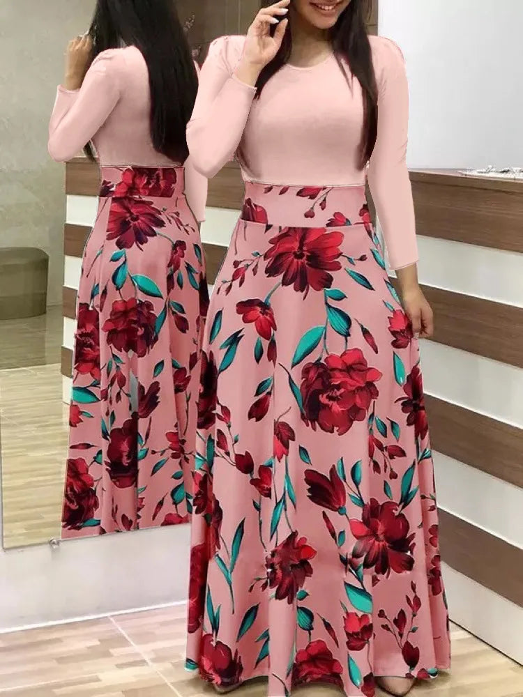 Vestido de manga corta a juego con estampado de flores de estilo europeo y americano para mujer, falda con vuelo grande, 2024