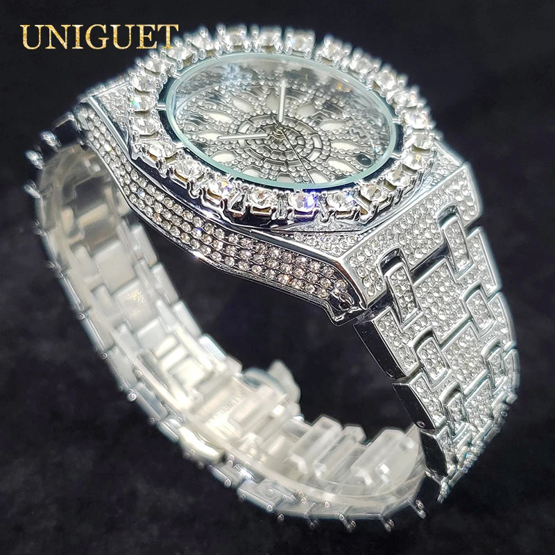 Reloj de lujo para hombre, relojes de cuarzo con diamantes helados para hombre, reloj de mano de Hip Hop con circonita brillante, reloj luminoso resistente al agua para hombre