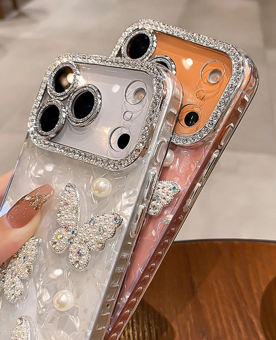 Funda de teléfono con purpurina y diamantes para iPhone 17 Air 11 12 13 16 Pro Max 15 14 16 Plus 17Pro Max, funda protectora de mariposa bonita