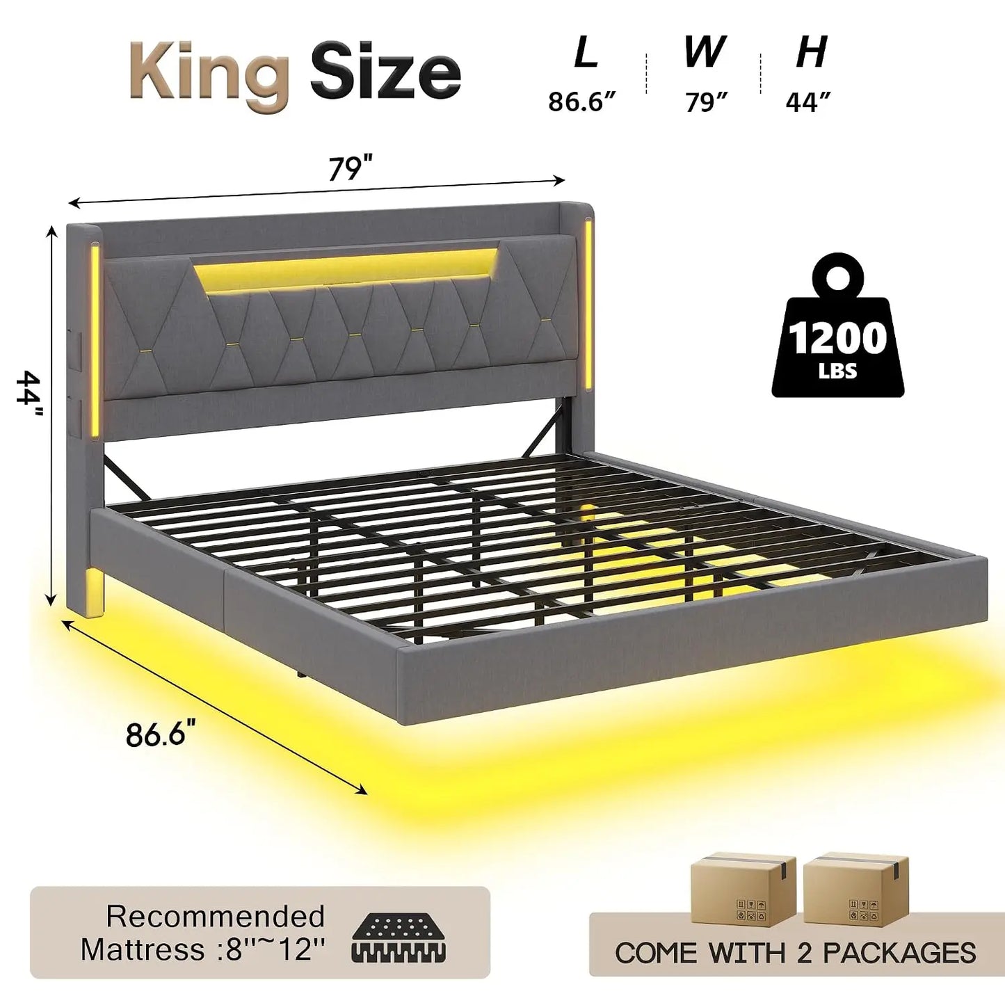 Base de Cama Flotante King con Cabecero con Almacenamiento, Base de Cama King Size, Gris |   Base de Cama Tapizada Tamaño King, Personalizable
