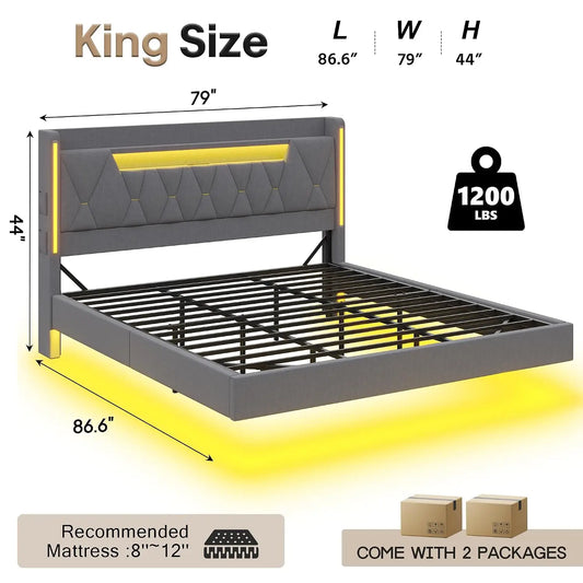 Base de Cama Flotante King con Cabecero con Almacenamiento, Base de Cama King Size, Gris |   Base de Cama Tapizada Tamaño King, Personalizable