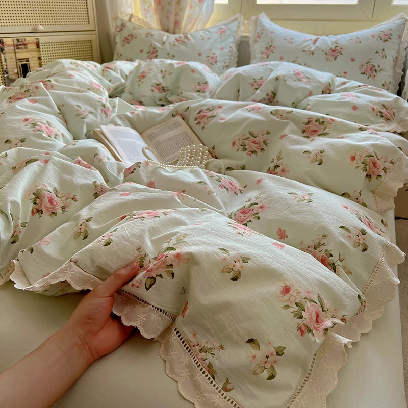 Juegos de funda nórdica de algodón lavado, juego de cama con estampado de flores individual/Queen/king, estilo princesa, funda de couette de 220x240 con encaje