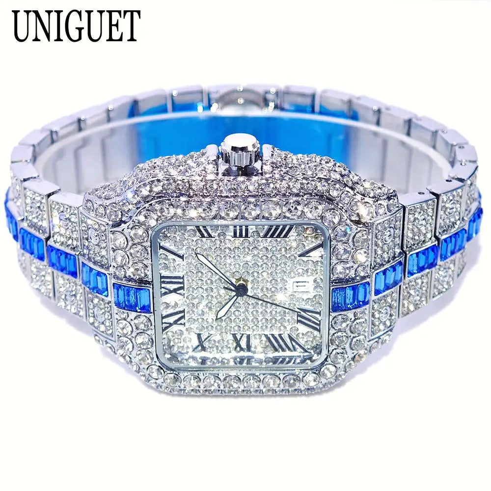 Reloj de pulsera de cuarzo cuadrado para hombre, joyería ostentosa de Hip Hop, marca UNIGUET, joyería ostentosa, moda novedosa, envío directo