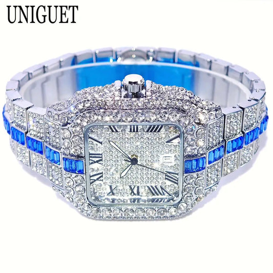 Reloj de pulsera de cuarzo cuadrado para hombre, joyería ostentosa de Hip Hop, marca UNIGUET, joyería ostentosa, moda novedosa, envío directo