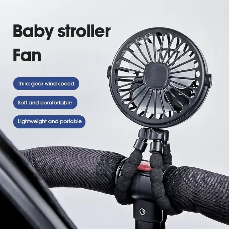 Ventilador Portátil con Trípode Ajustable, Rotación de 360 Grados, Ventilador Eléctrico de Bajo Ruido para Cochecito de Bebé, Carga USB, Apto para Uso en Exteriores