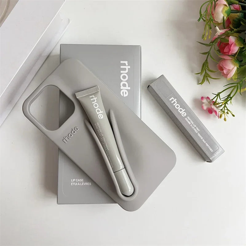 Maquillaje Rhode con caja, soporte para lápiz labial, funda de teléfono para IPhone17 Air 11 12 13 14 15 16 Pro Max Plus, funda suave de silicona para brillo de labios