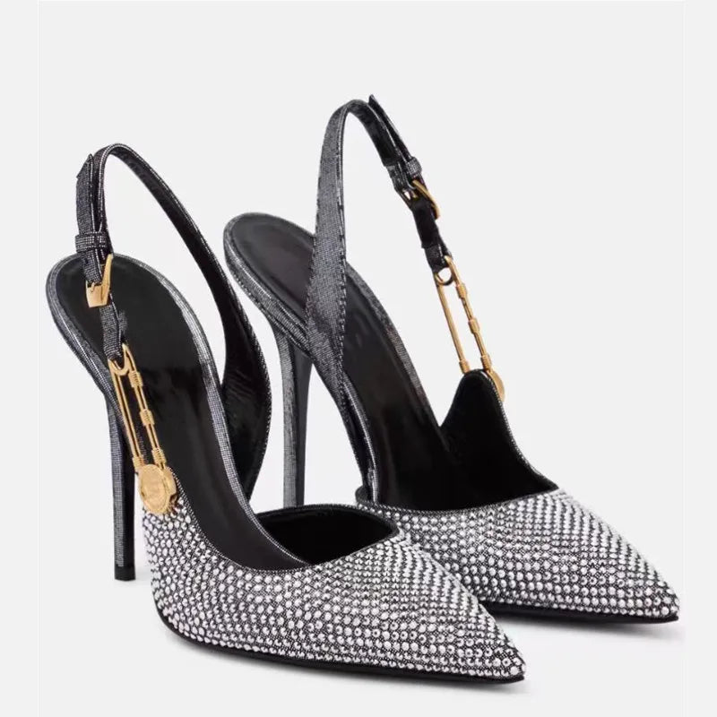 Zapatos de tacón de lujo con hebilla de lentejuelas y diamantes de imitación para mujer, zapatos de tacón alto de aguja con punta estrecha, zapatos de moda para primavera y verano