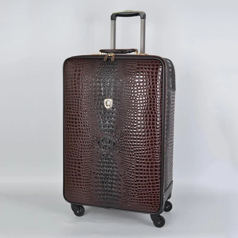 Equipaje rodante de cuero con patrón de cocodrilo, maleta con ruedas de embarque de 16/20/24 pulgadas, equipaje de viaje de cuero real para hombres y mujeres