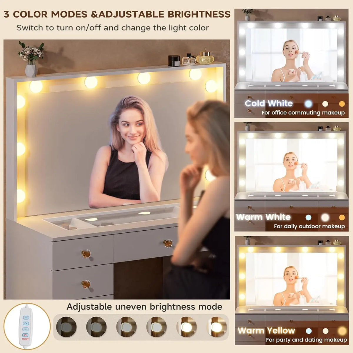 Tocador con Espejo Grande y 10 Luces LED, Escritorio de Tocador con Cubierta de Cristal, 11 Cajones con Tiradores de Cristal, Mesa de Maquillaje, Personalizable