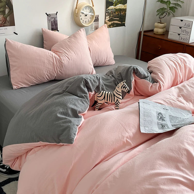 Funda nórdica de poliéster para dormitorio, juego de ropa de cama de 3 piezas, Color liso, rosa y gris, 2 fundas de almohada