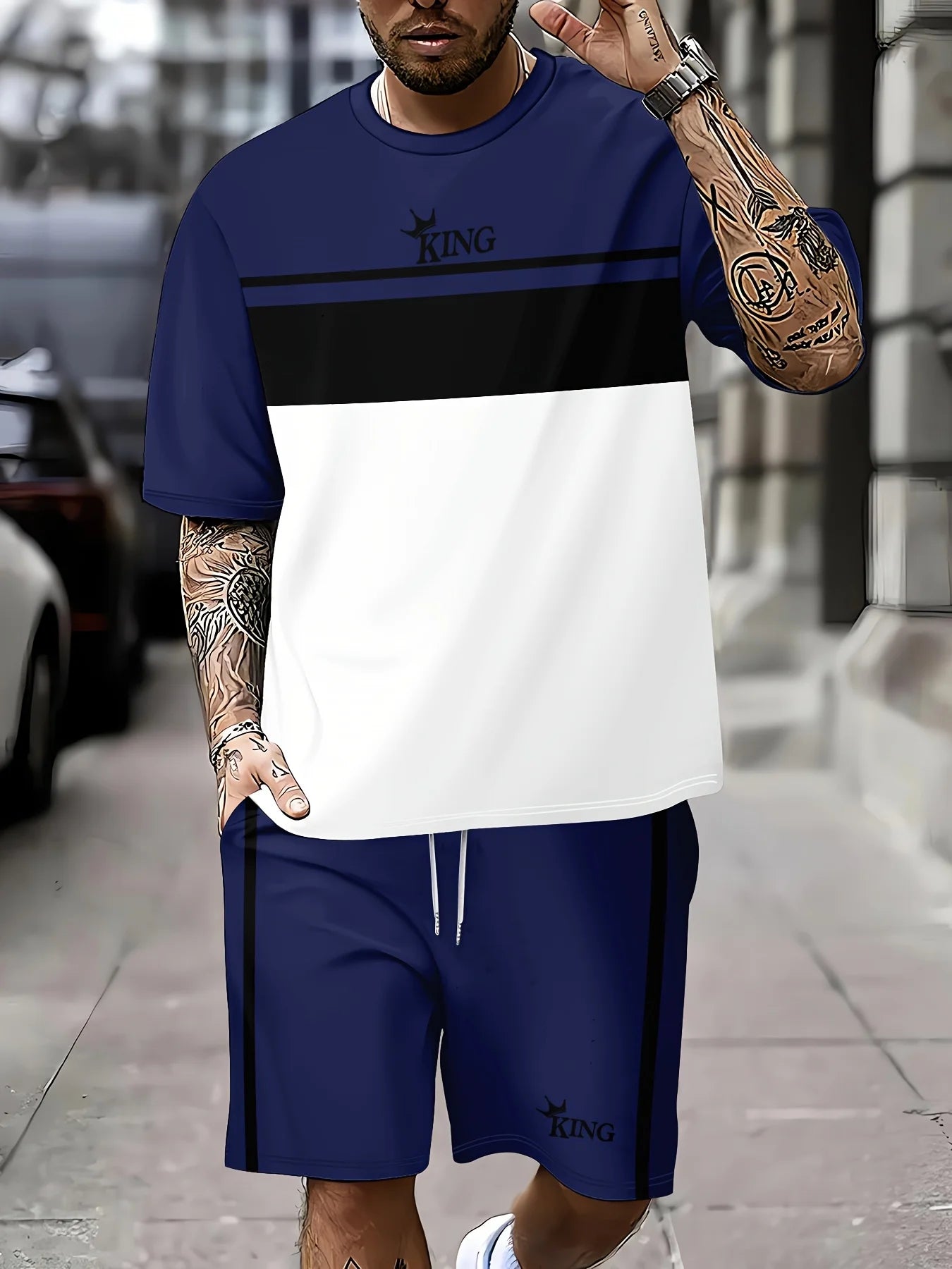 Nueva ropa deportiva de verano para hombre, conjunto de camiseta de manga corta a rayas, ropa de viaje al aire libre de dos piezas, pantalones cortos de ajuste relajado, ropa de entrenamiento