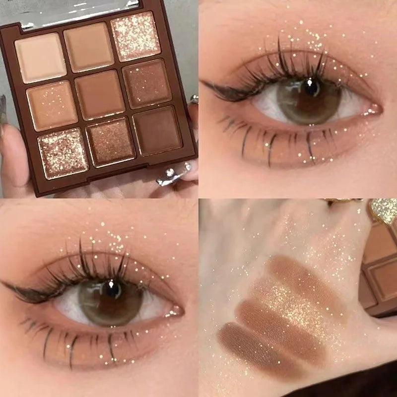 Paleta de sombras de ojos de chocolate de 9 colores maquillaje de sombra de ojos de tierra con brillo nacarado mate