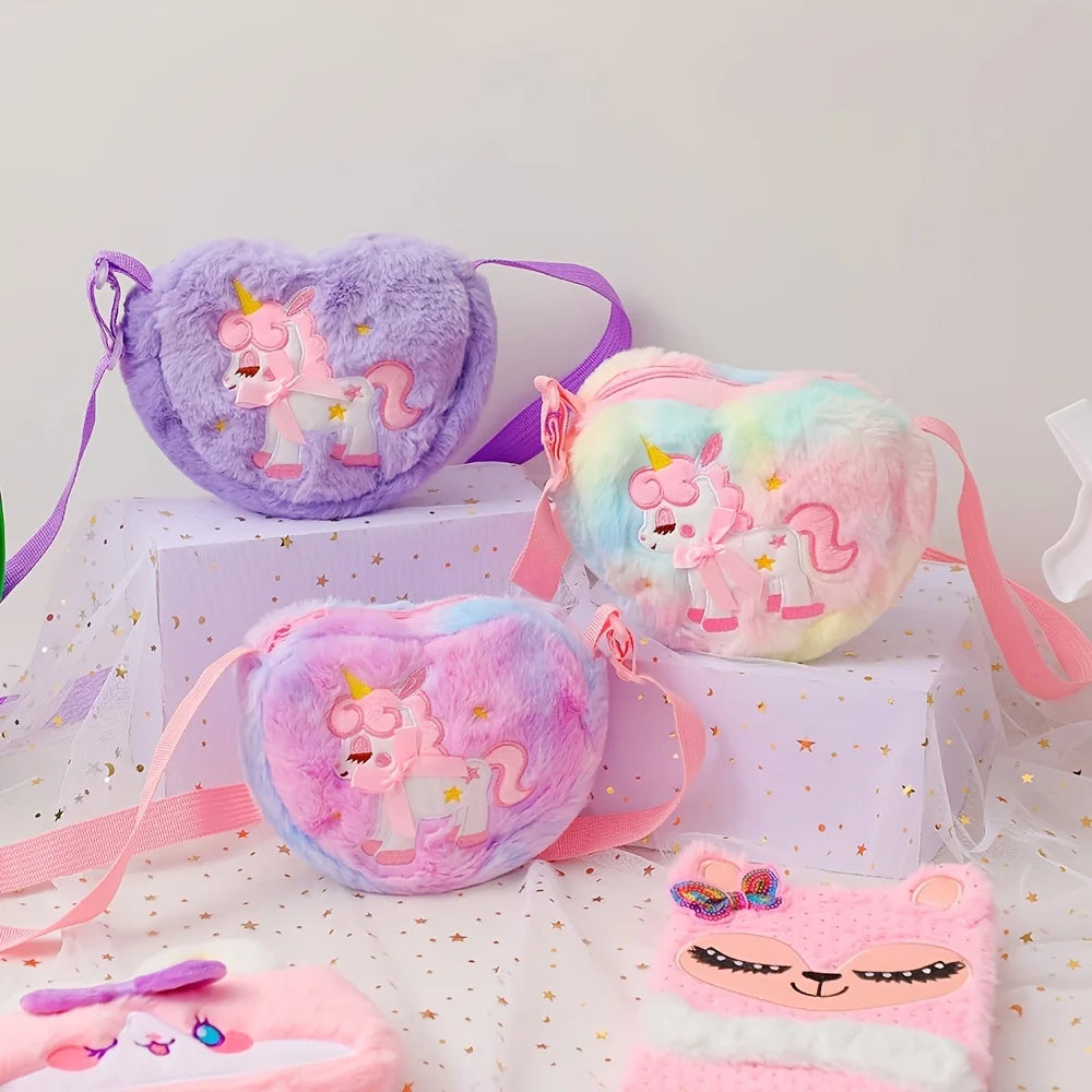 Lindo unicornio para niñas, bolso de hombro con cremallera de corazón de felpa, bolso de mensajero, monedero, cartera, bolso cruzado, regalo para niños, Mochila pequeña