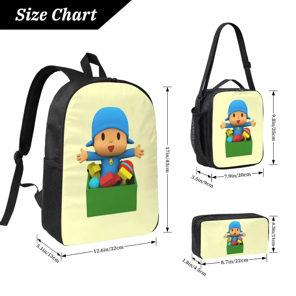 Mochila azul de dibujos animados de Pocoyo para niños, mochila escolar, bolsos de hombro para ordenador, bolsa de almuerzo aislada de 3 piezas, estuche para lápices