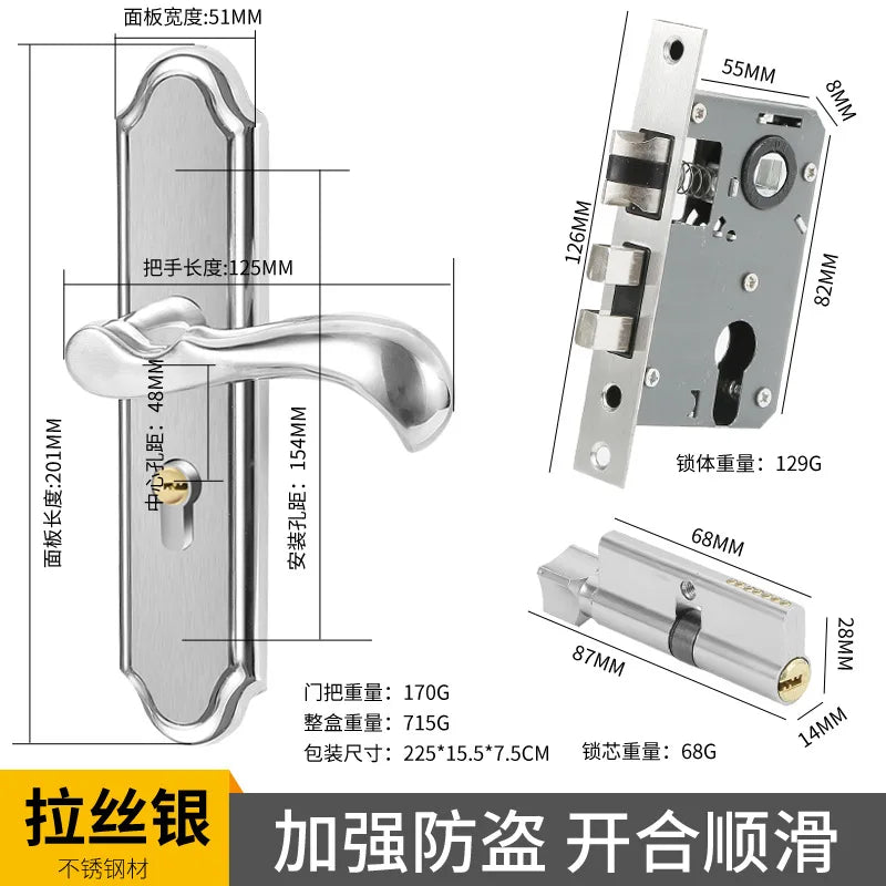 Juego de cerradura de puerta de acero inoxidable 304, manija de palanca de puerta Interior silenciosa para dormitorio, baño, manija de prensa, cerradura para puerta de madera maciza