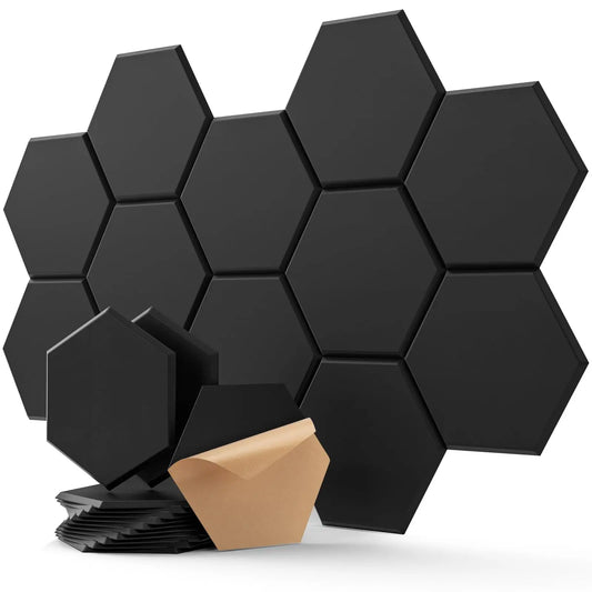Paquete de 12 paneles acústicos autoadhesivos hexagonales, paneles de espuma a prueba de sonido, diseño de 3 tipos para absorber el ruido, eliminar ecosidad, color negro