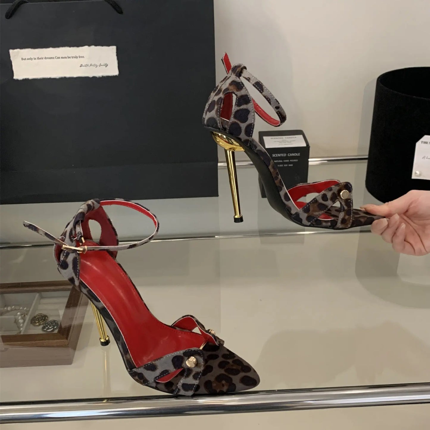 Sandalias de Tacón de Aguja con Correa de Tobillo y Estampado de Leopardo para Mujer, Zapatos de Vestir para Fiesta, Tacones de Aguja con Banda Metálica Estrecha y Punta en Pico