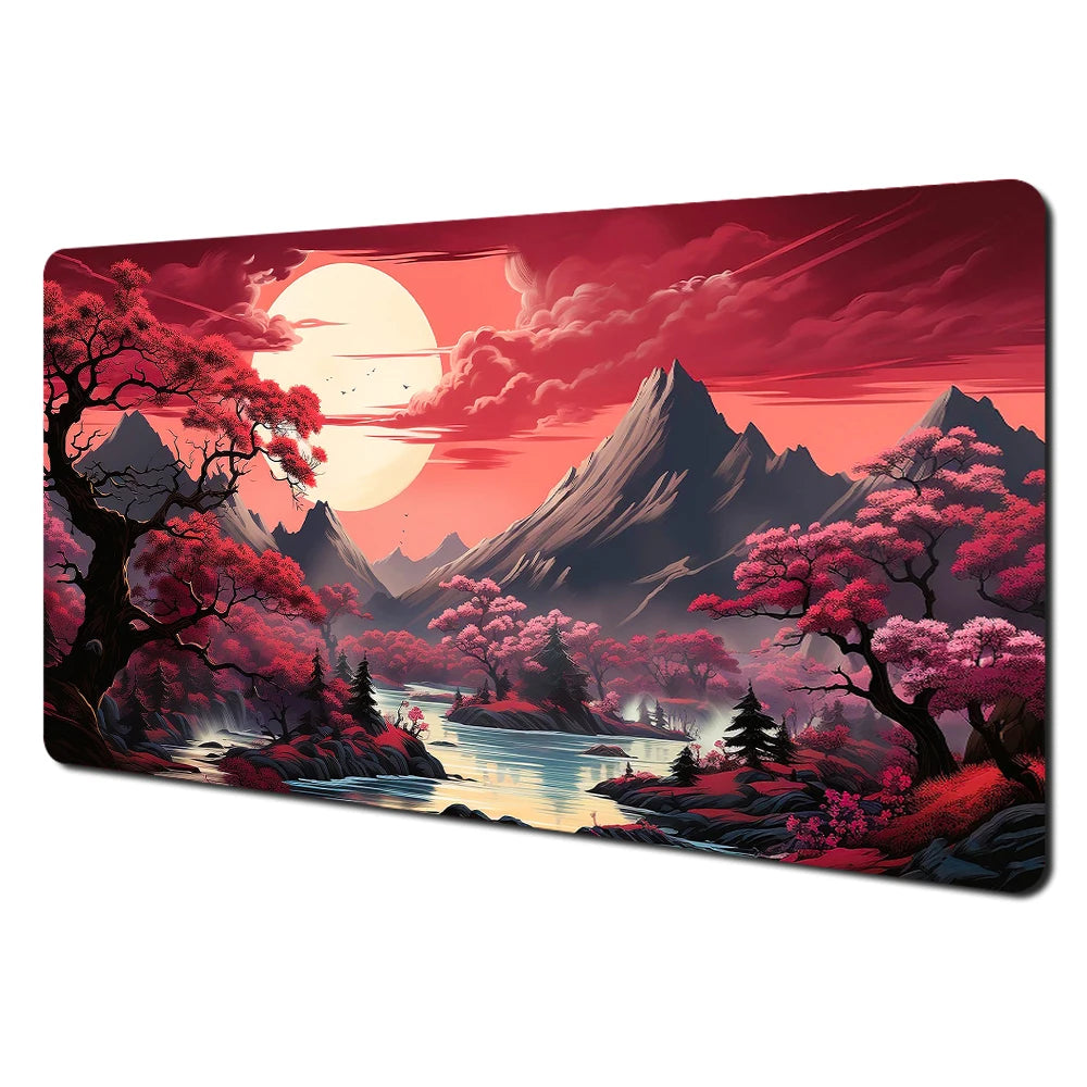 Alfombrilla de ratón grande con paisajes artísticos en rojo y negro, alfombrilla de escritorio duradera antideslizante, accesorios de oficina, alfombrilla para teclado y ratón, Tapis De Bureau