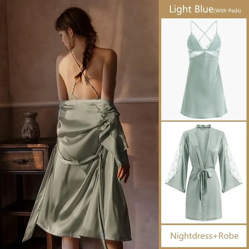 Sexy Intimate Lingerie Perspective Nightwear Lace Patchwork Home Wear Robe Suit Lady Kimono Gown Sleepwear Satin Nighty Bathrobe