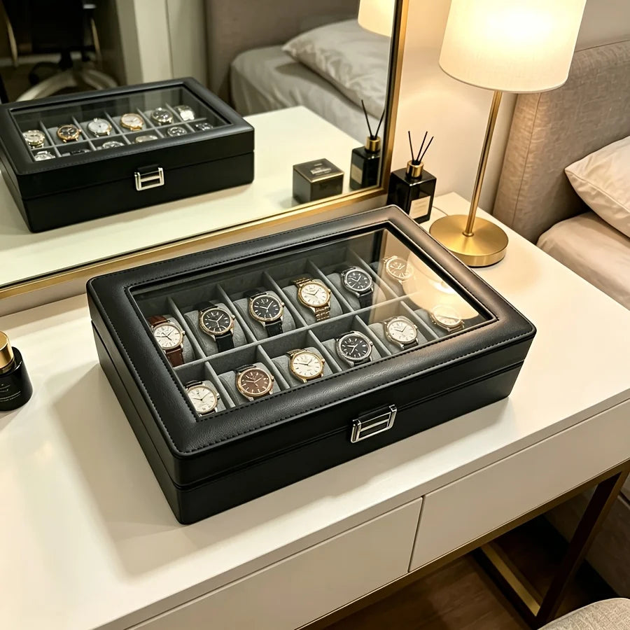 Estuche de Cuero para 12 Relojes para Hombre con Cerradura, Organizador de Relojes de Lujo + 3 Cajas Transparentes para Guardar Pulseras, Juego de 4 Piezas