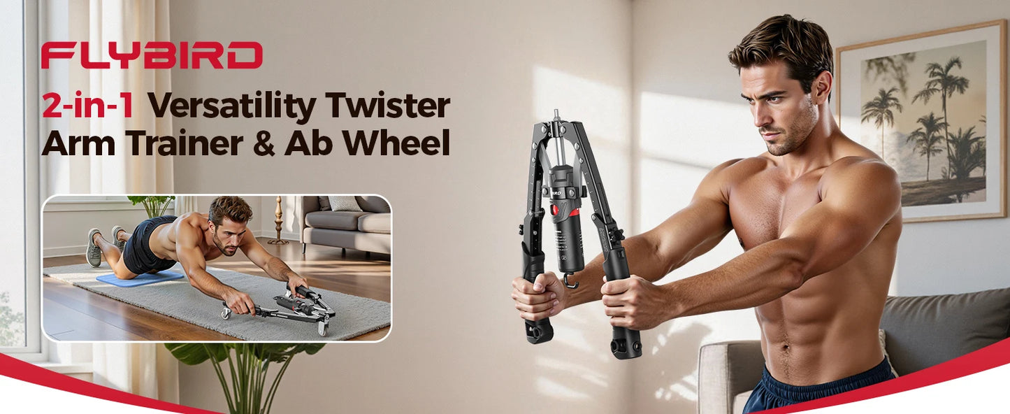 FLYBIRD Entrenador de Brazos 3 en 1 con Rueda Abdominal, Potencia Hidráulica Ajustable de 22-440 lbs para Pecho, Hombros, Antebrazos y Tríceps